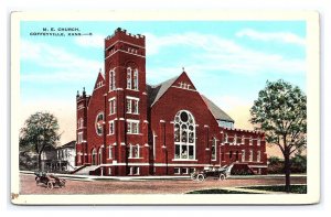 Postcard M. E. Church Coffeyville Kans. Kansas Antique Automobiles