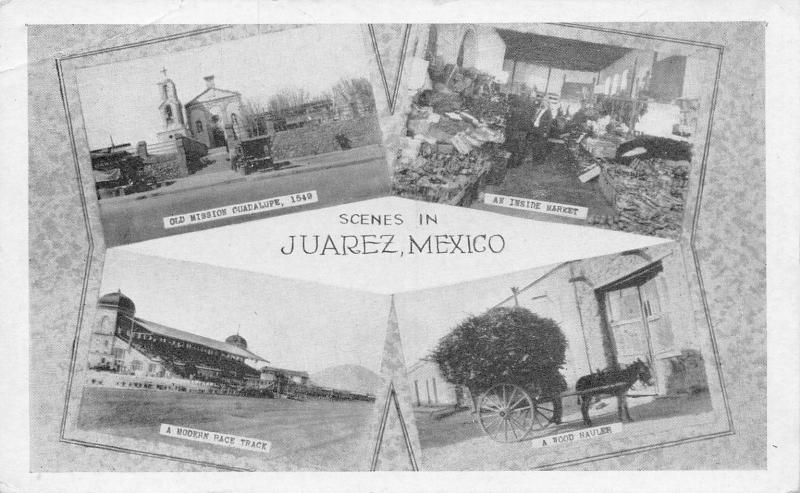 Juarez Mexico~Multi Mini View~Race Track~Mission~Market~Wood Hauler~1920s B&W 