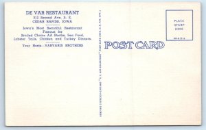 CEDAR RAPIDS, Iowa IA ~ Roadside DE VAR RESTAURANT ca 1940s Linen Postcard