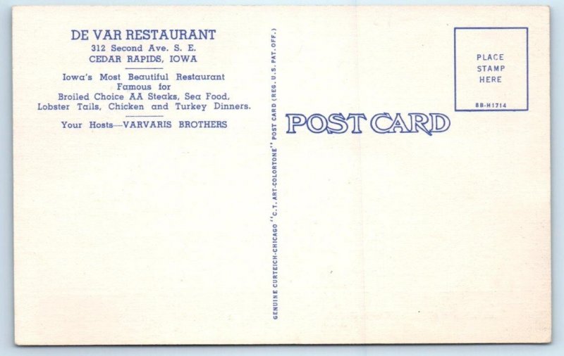 CEDAR RAPIDS, Iowa IA ~ Roadside DE VAR RESTAURANT ca 1940s Linen Postcard