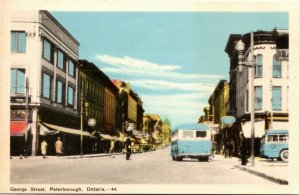 Postcard ON Peterborough George Street Retro Buses Street View Shops 1940s K61