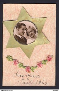 Man woman photo gold star on postcard, silk pink green garland, silver sparkles