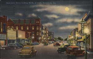 Brunswick Georgia GA Night Scene Newcastle Street c1940s Linen Postcard