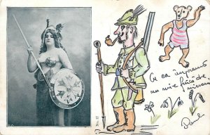 Amazon woman with spear and shield hand drawn hunter and bear on postcard 1900s