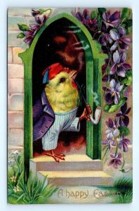 Postcard Happy Easter Dressed Pipe Smoking Chick Wearing Fez c1912 J14