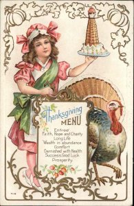 Thanksgiving Little Girl Baker Platter Cake Menu Turkey c1910 Vintage Postcard