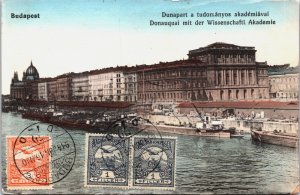 Hungary Budapest Dunapart Tudomanyos Akademianal Vintage Postcard C064