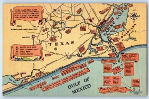 c1940 Texas TX Vintage Postcard Sabine Lake Louisiana Gulf Mexico East Bay Map
