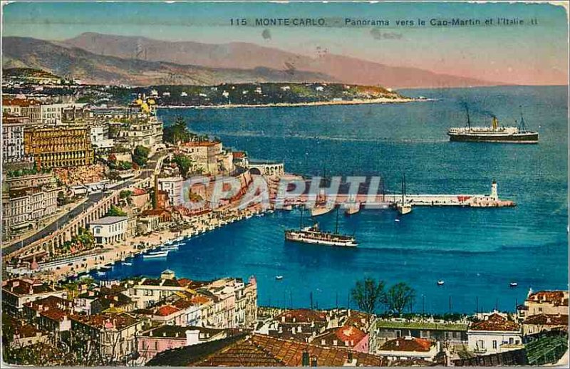 Old Postcard Panorama Monte Carlo to Cap Martin and Italy