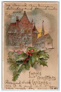 1906 Christmas House Church Holly Berries Embossed Posted Antique Postcard