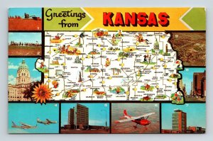 Greetings Kansas State Map Multi View Scenic Landmarks Chrome Postcard 