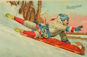 1880's-90's Kendall Mfg Co. Soapine Winter Snow Man Sledding Festive P65