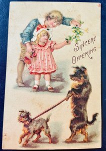 Antique 1900s German Postcard anthropomorphic dog Cute Boy Girl Mistletoe Rare