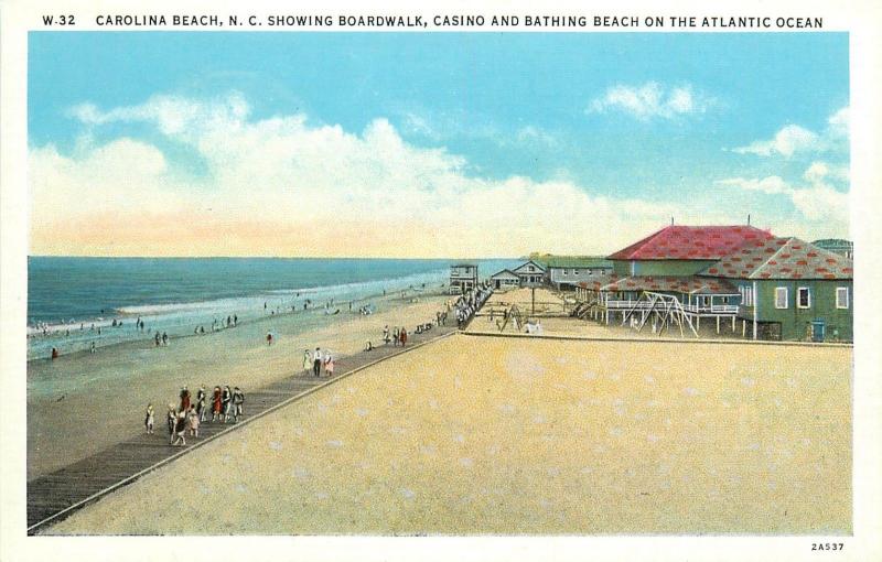 c1920s Postcard Carolina Beach NC Boardwalk Casino & Bathing Atlantic Ocean