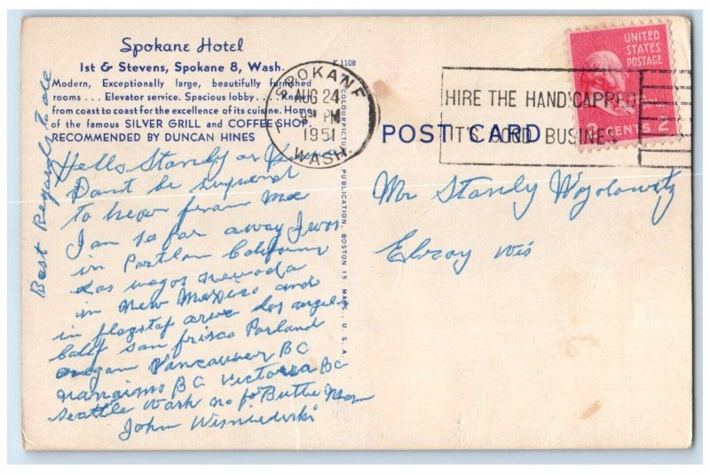 1951 Hotel Spokane Coffee Shop Lobby Spokane Washington Vintage Antique Postcard