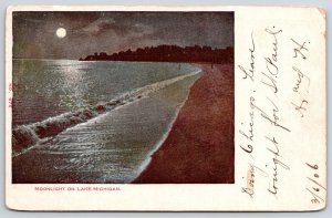 1906 Moonlight On Lake Michigan MI Ocean Waves  Bayshore View Posted Postcard