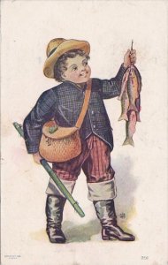 Fishing Young Boy With String Of Fish Signed Tully