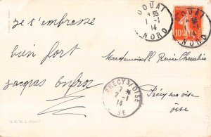 New Year Greetings Humanized Bird in Coat Mistletoe Doorstep 1914 postcard B921