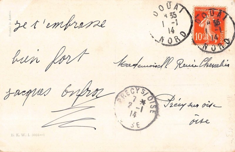 New Year Greetings Humanized Bird in Coat Mistletoe Doorstep 1914 postcard B921