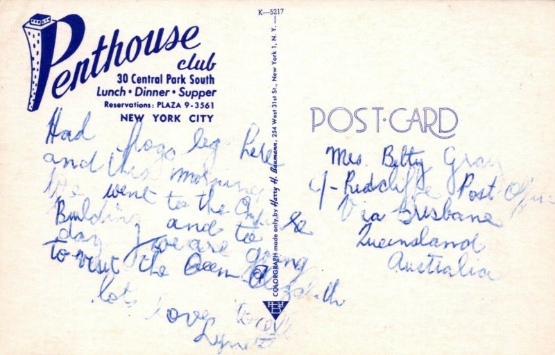 America Postcard - Penthouse Club, Central Park, New York City  RS24846