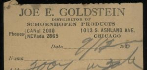 1925 CHICAGO IL JOE E. GOLDSTEIN DISTRIBUTOR SCHOENHOFEN PRODUCTS INVOICE 35-9