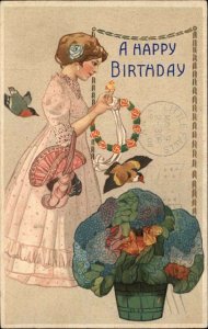 Birthday Folk Art Beautiful Woman Patchwork Flowers c1910 Vintage Postcard