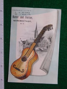 1870s-80s L T Clute Hatter & Furrier Guitar & Church Victorian Trade Card F30