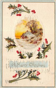 MERRY CHRISTMAS 1911 Embossed Postcard Holly Snow View by AS Meeker