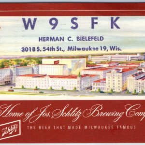 1958 Milwaukee, WI Schlitz Brewing Amateur Ham Radio QSL Postcard Bielefeld A209