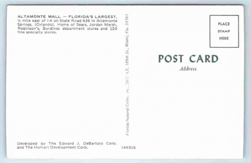 ALTAMONTE SPRINGS, FL Florida ~ ALTAMONTE SHOPPING MALL c1960s Postcard