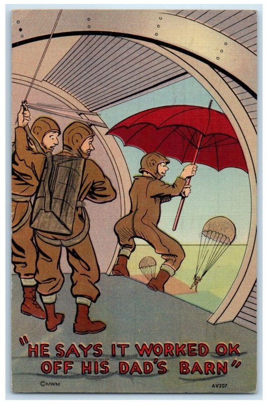 1943 Military Holding Umbrella Parachute Hartford CT Soldier Mail Postcard