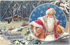 Merry Christmas Santa Claus Woodsy Cabin Embossed Postcard