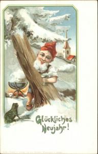 German New Year Fantasy Gnome or Elf & Frog c1900 Postcard