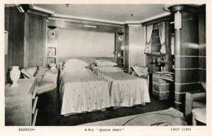 Cunard Lines - RMS Queen Mary. **RPPC**  First Class, Bedroom