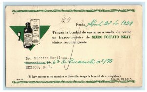1937 Neuro Fosfato Eskay Advertising Mexico Doctor Medical Drink Posted Postcard
