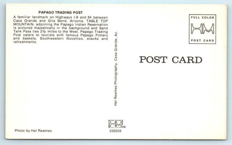 PAPAGO TRADING POST between Casa Grande & Gila Bend, Arizona AZ 1960s  Postcard