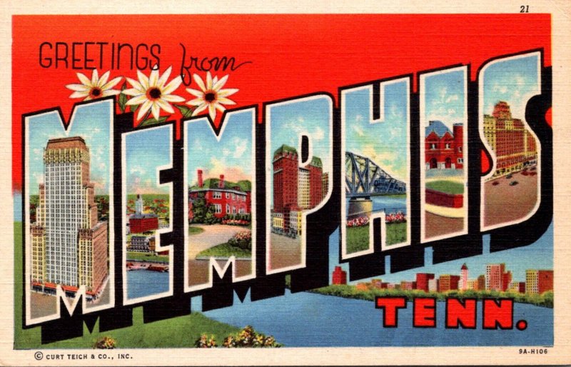 Tennessee Greetings From Memphis Large Letter Linen Curteich