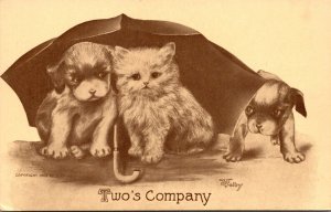 Cats Two's Company Cat and Puppy Under Umbrella