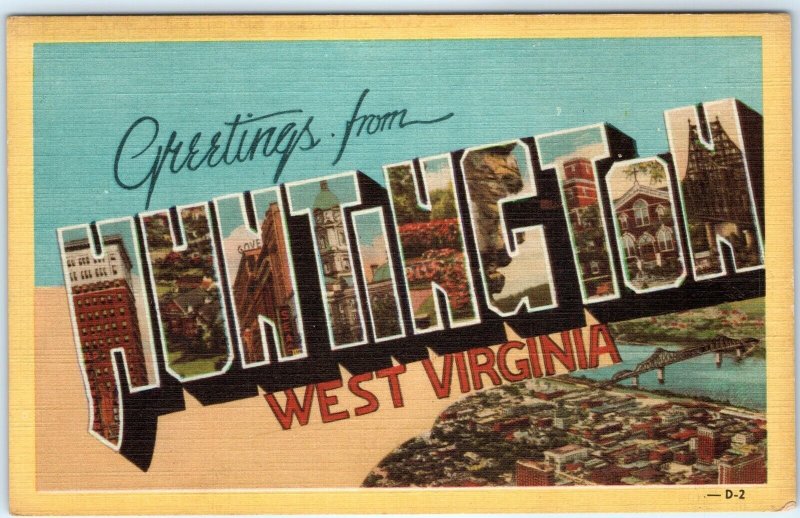 c1940s Huntington, WV Greetings Linen Postcard Dexter Colorcraft Goldsmith A114