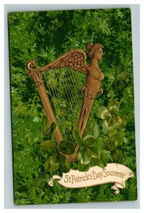 Vintage 1910's Winsch St. Patrick's Day Postcard Gold Harp 4 Leaf Clovers NICE