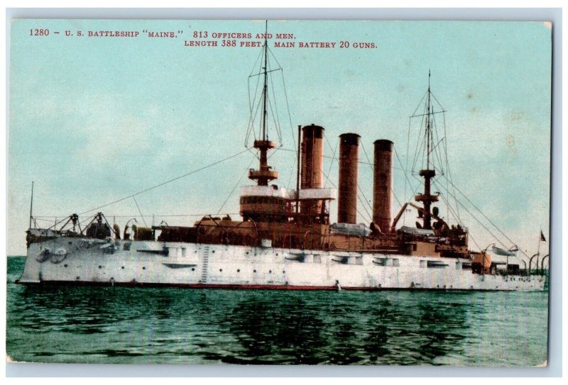 US Battleship Maine ME Postcard 813 Officers And Men Main Battery 20 Guns c1910s