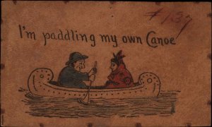 Canoe Canoeing REAL LEATHER c1905 Postcard