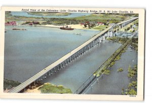 Lake Charles Louisiana LA Postcard 1956 Aerial View of Calcasieu Bridge