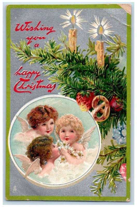 1908 Christmas Tree Angels Cherub Candle Lights Embossed Tuck's Antique Postcard