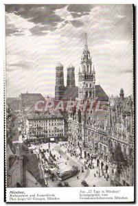 Old Postcard Frauenkirche Munchen und Rathausturm