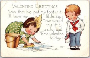 Little Boy And The Girl Sweeping The Floors Valentine Greetings Postcard