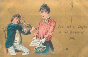 Violin musical couple comic caricature New Year embossed vintage postcard 