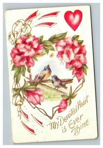 Vintage 1909 Greeting Postcard Cute Blue Birds Pink Flowers Hearts Embossed