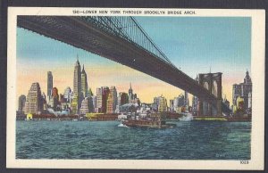 Ca 1937 POST CARD LOWER NEW YORK THRU BROOKLYN BRIDGE ARCH NYC, MINT