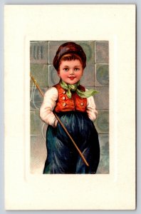 Dutch Boy on Blue Tiles Holds Fishing Pole~PFB Serie 9118~Vintage Postcard